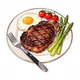 美食插画煎牛排芦笋番茄