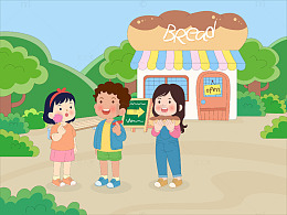 春天孩子郊游公园玩耍分享食物卡通儿童插画
