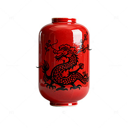 中国红瓷瓶剪纸龙纹装饰