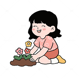春天小女孩种花手绘卡通元素