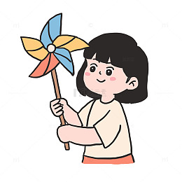 手绘卡通女孩春游玩风车免抠元素