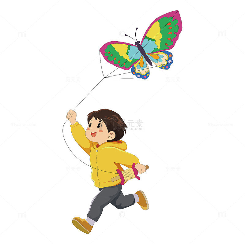 卡通小朋友放风筝插画