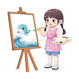 卡通扎辫子的小女孩在画架前创作画画