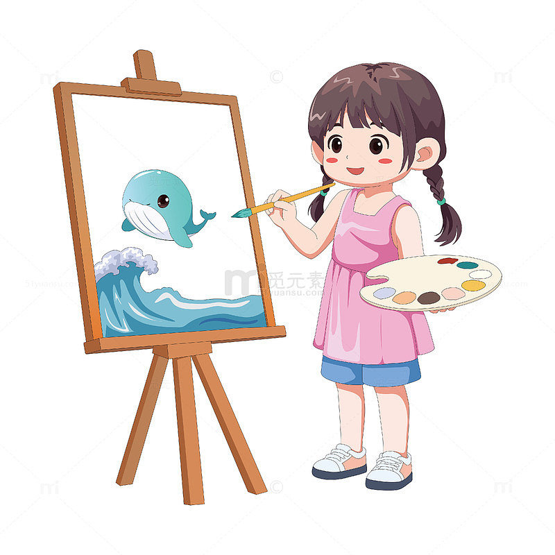 卡通扎辫子的小女孩在画架前创作画画