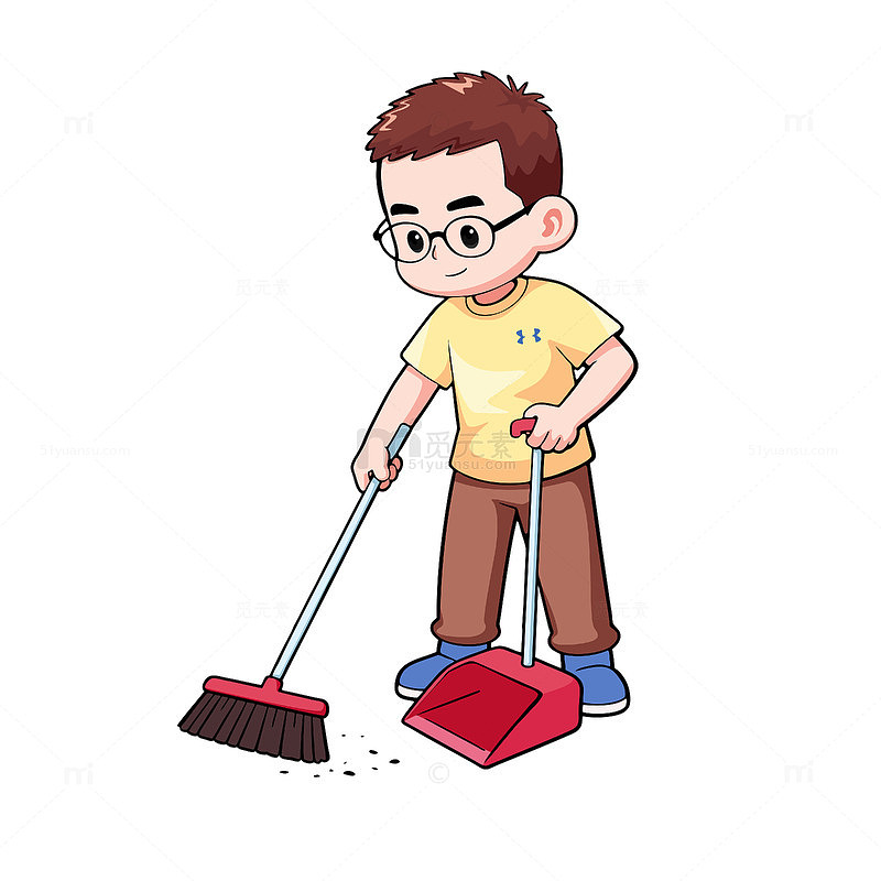 卡通戴眼镜男生手持扫帚簸箕扫地插画
