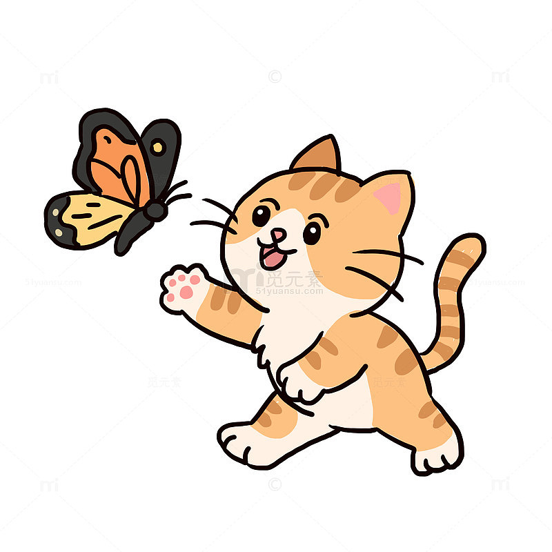 春天动物小猫与蝴蝶免抠元素