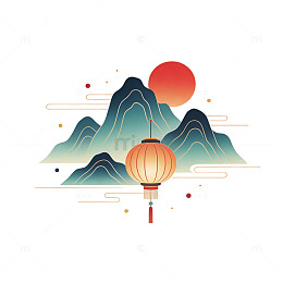 中国风山水画灯笼插画
