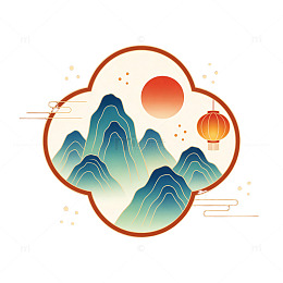 中国风山水画日出灯笼图案