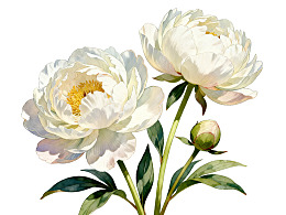 两朵白色牡丹花与花蕾