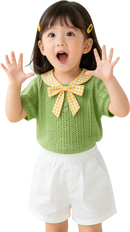 小女孩穿绿色针织衫摆姿势