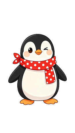 卡通企鹅戴红白波点围巾