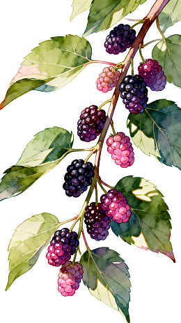水彩绘桑葚枝条色彩斑斓