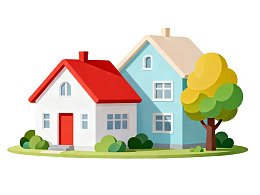 两栋卡通风格房屋与树木