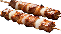 两串烤肉串配洋葱图片