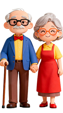 卡通老年夫妇手牵手温馨画面