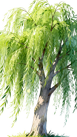 柳树绿叶垂枝的自然景象