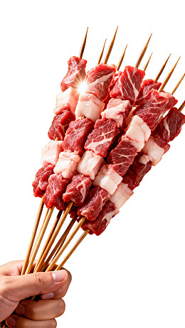 手持多串新鲜牛肉串图片