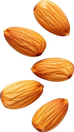 五颗杏仁散落于白色背景