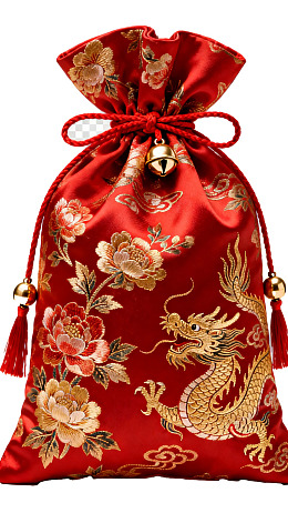 红色龙凤刺绣抽绳袋图片