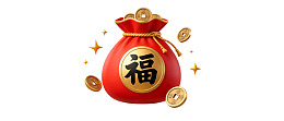红色福袋金币环绕象征财富