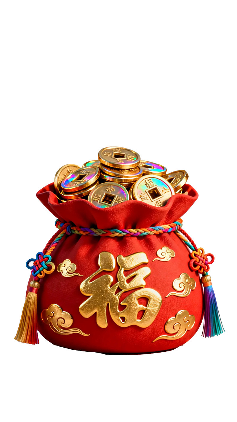 红色福袋装满金色铜钱