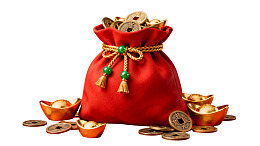红色布袋装满金币元宝