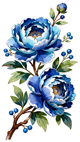 蓝色牡丹花枝插画图片