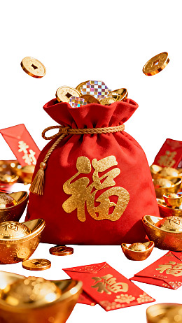 红色福袋与金色元宝象征财富