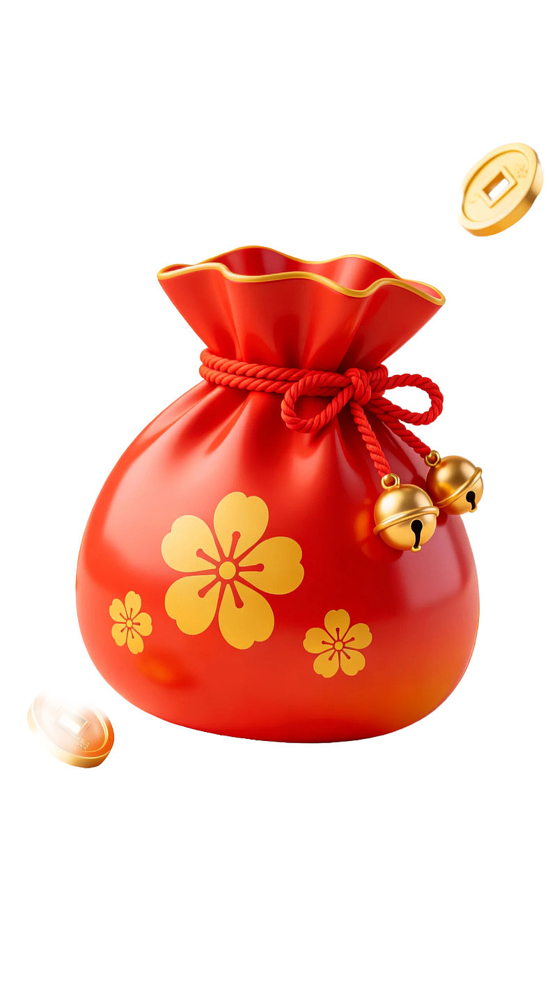 红色花饰钱袋配铃铛金币