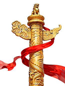 金色龙柱缠绕红绸图片