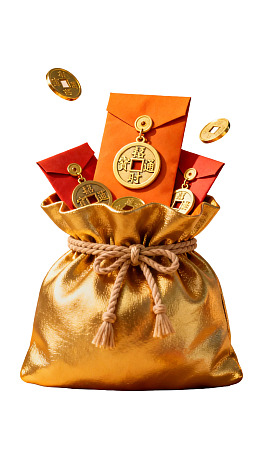 金色福袋装满红包与铜钱