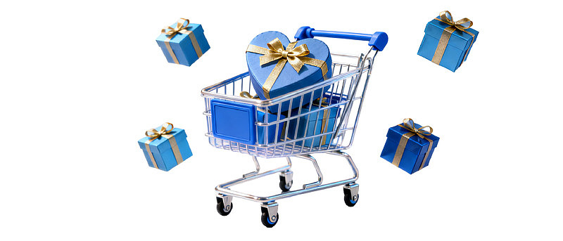 购物车装满蓝色礼物盒