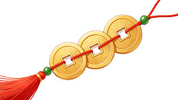 三枚古币串红绳挂饰图片