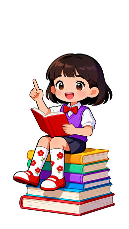 女孩坐书堆上读书并思考