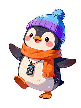 卡通企鹅穿冬装戴手机