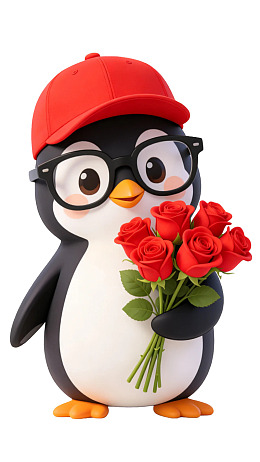 戴红帽眼镜企鹅手捧红玫瑰