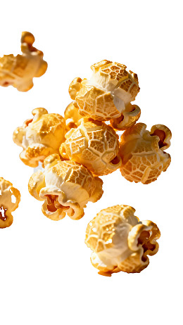 金黄爆米花散落白色背景