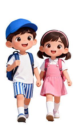卡通男孩女孩手牵手上学