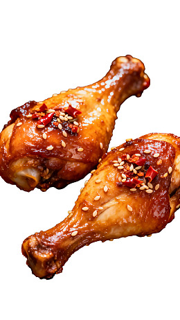 两块撒有芝麻辣椒的烤鸡腿