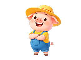 卡通小猪戴黄帽穿背带裤