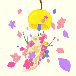 春天粉色紫色樱花风铃明信片花瓣飘落插画