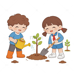 卡通儿童植树插画