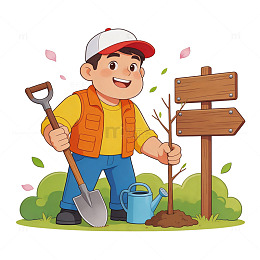 卡通植树场景插画素材