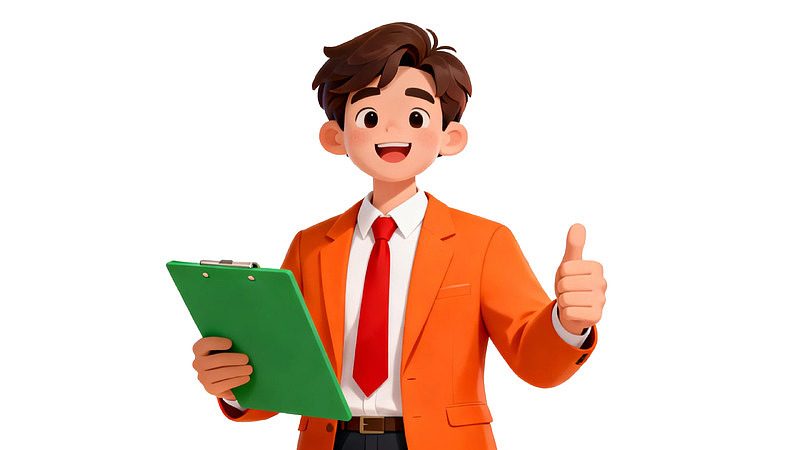 卡通男子穿橙色西装手持文件夹点赞