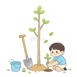 卡通小孩植树