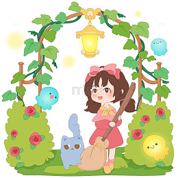 春天小女孩花园玫瑰园扫地打扫卫生儿童插画