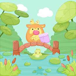 春天小精灵青蛙池塘玩耍自然风景儿童插画