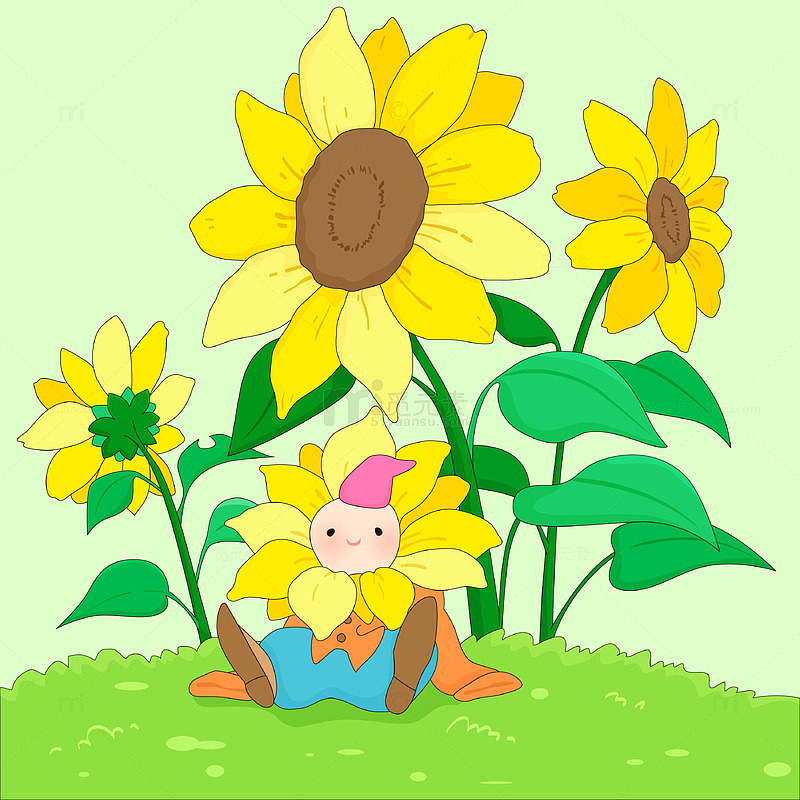春天向日葵小精灵生机勃勃拟人化儿童插画