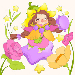 春天花朵花丛小精灵开心玩耍拟人化儿童插画