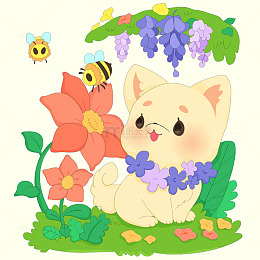 春天花园紫藤花开蜜蜂小精灵拟人化儿童插画